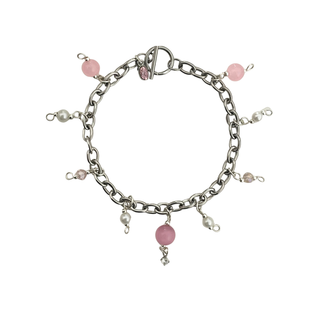 Pulsera - charms rosas plateada