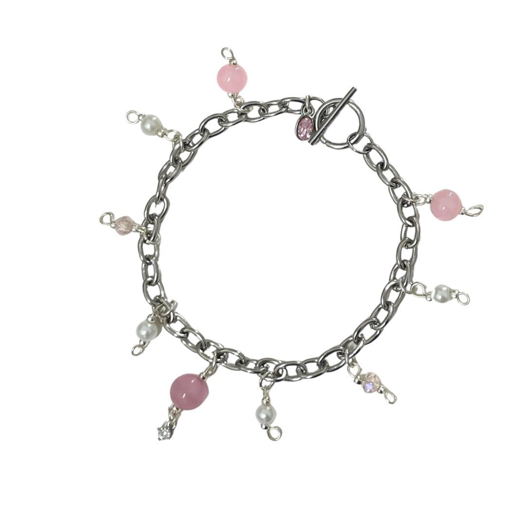 Pulsera - charms rosas plateada