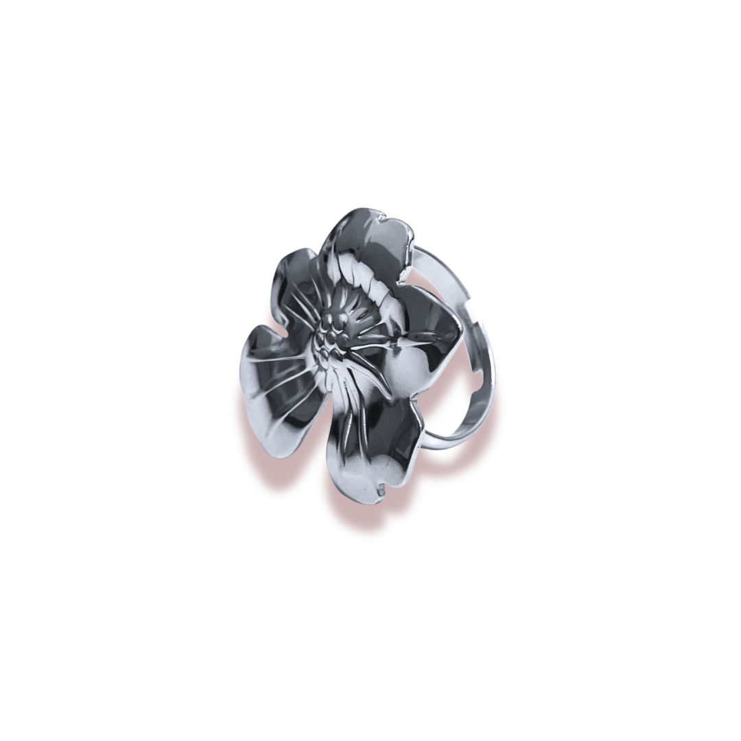 Anillo - Flor Híbisco plateada